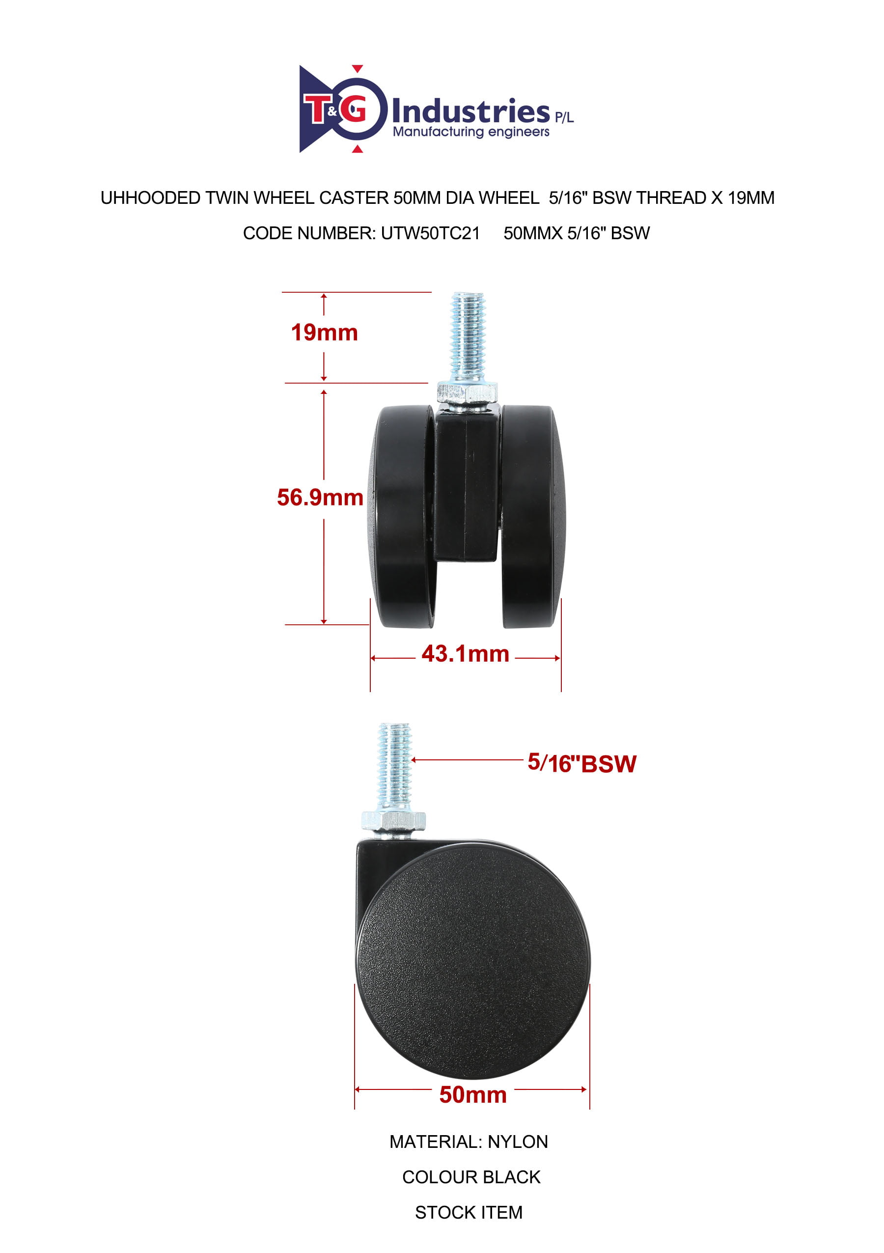 uxcell® 1.45 Inch Swivel Casters Nylon Twin Wheel M8 x 15mm Threaded Stem Swivel Caster Black 4 Pcs 
